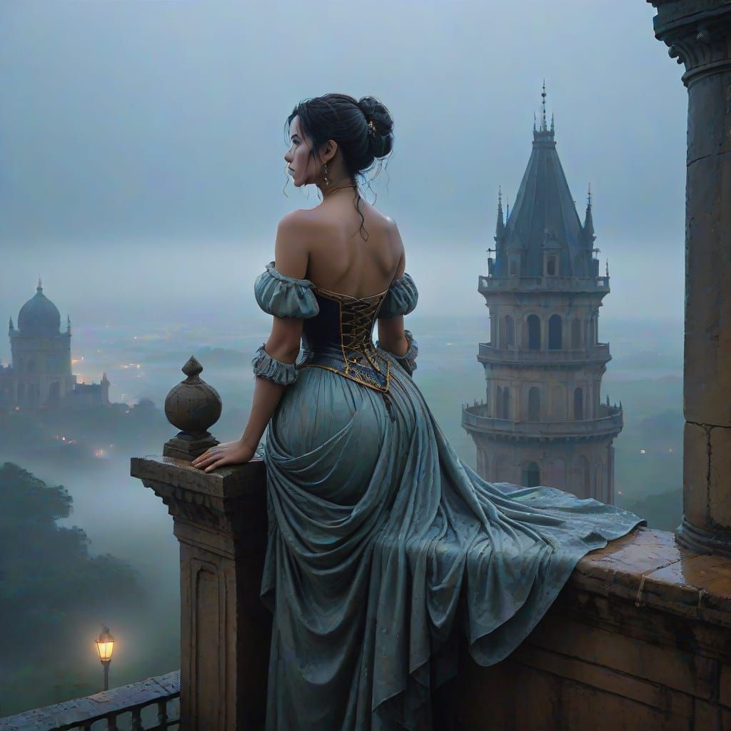 Noble Lady on Tower Over Misty Plain at Dusk