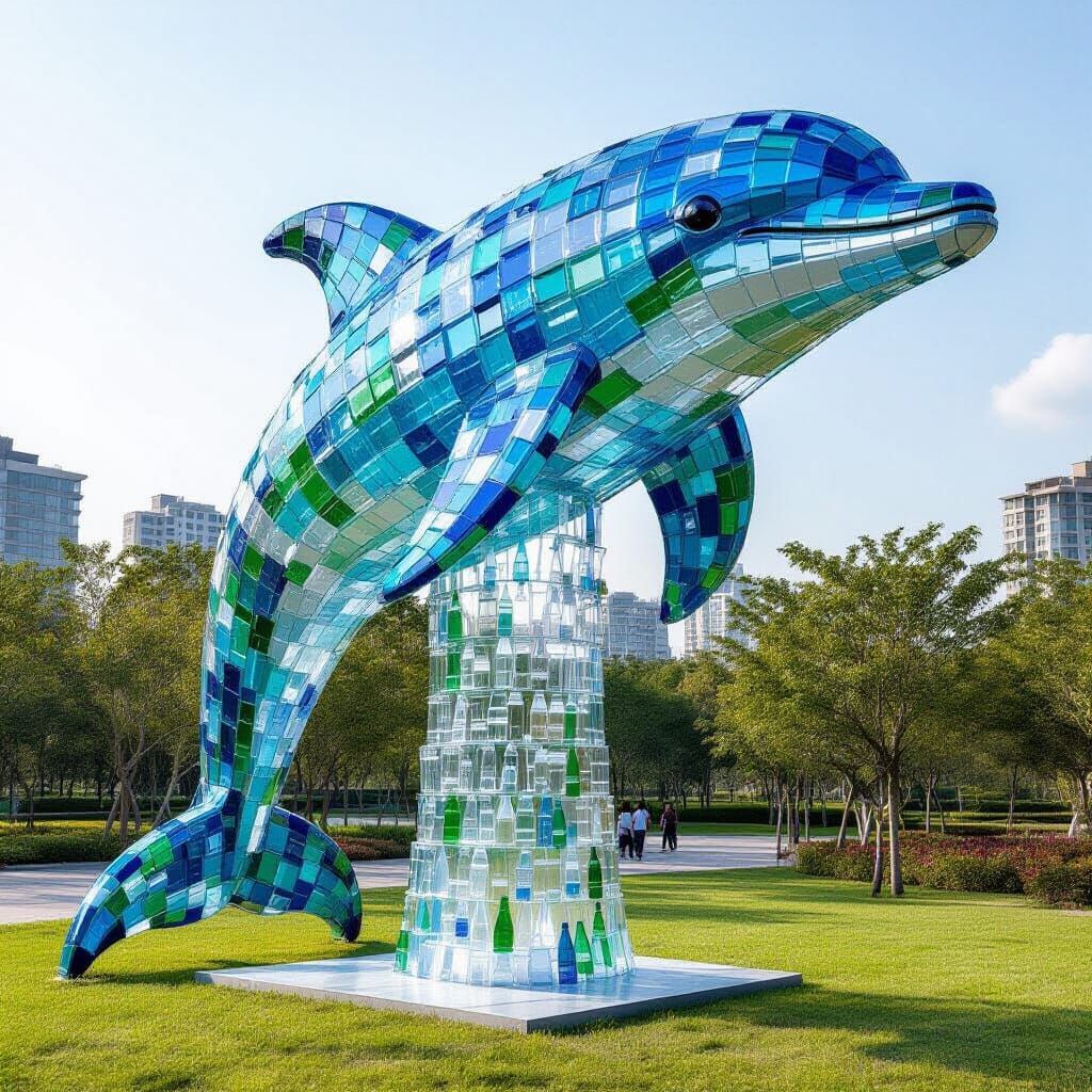 Monumental Dolphin Sculpture Assembled from Recycled Plastic...