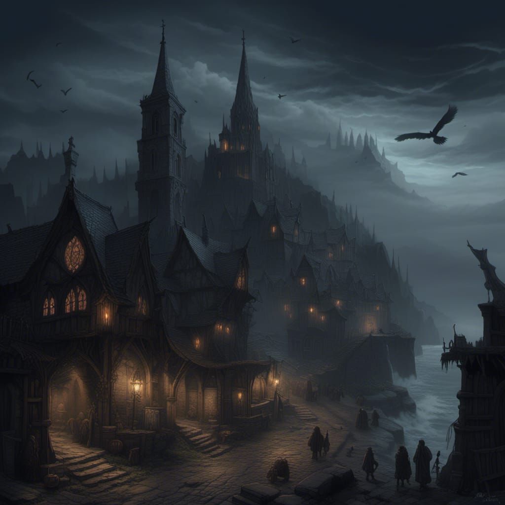 Lovecraftian Coastal Town with Gothic Architecture