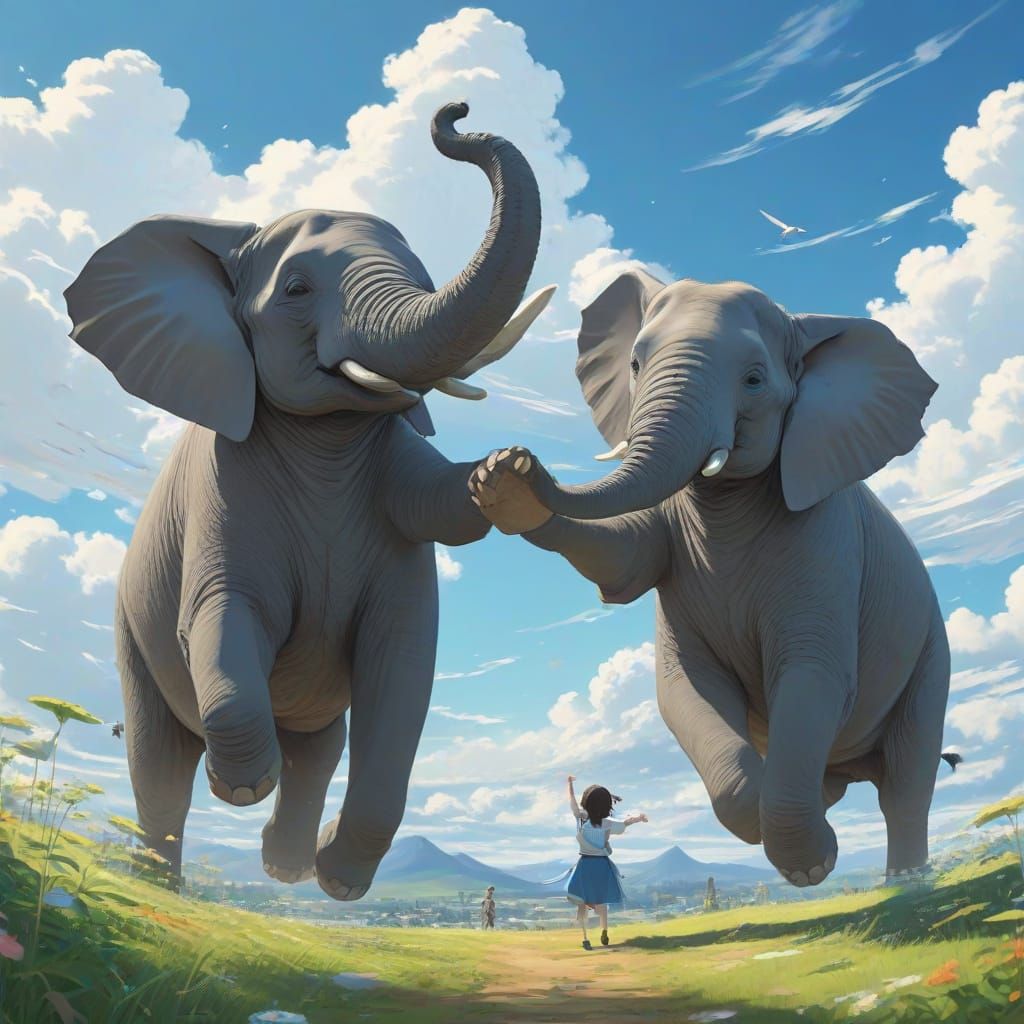 Elephants Soar in Vibrant Anime-Inspired Dance