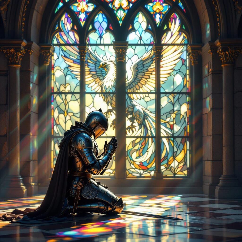 Knight in Prayer Before Stained Glass Window