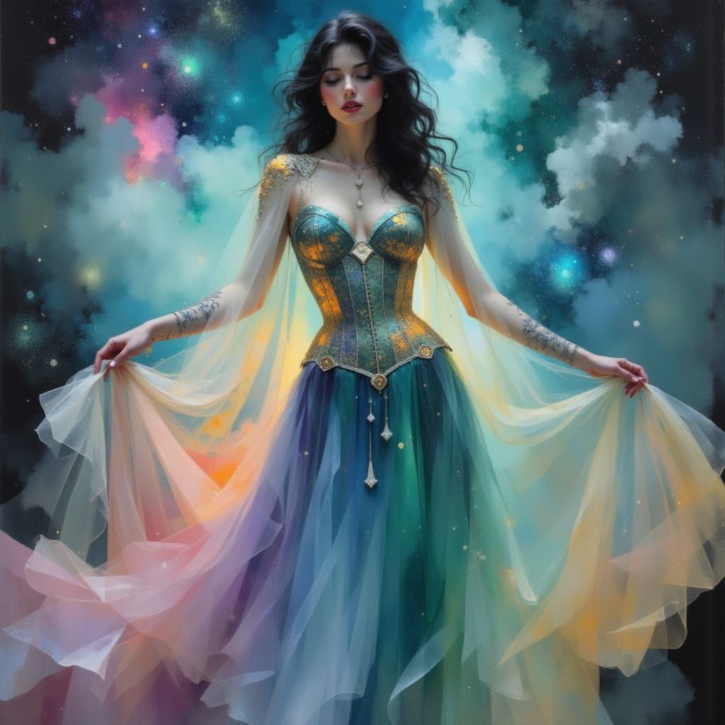 Curvy Woman in Cosmic Gown with Aurora Cape