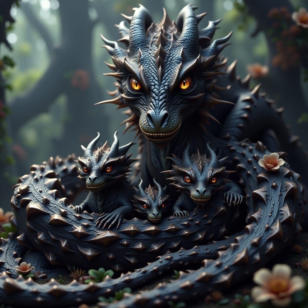 Mother Dragon With Cubs in Fantasy Forest