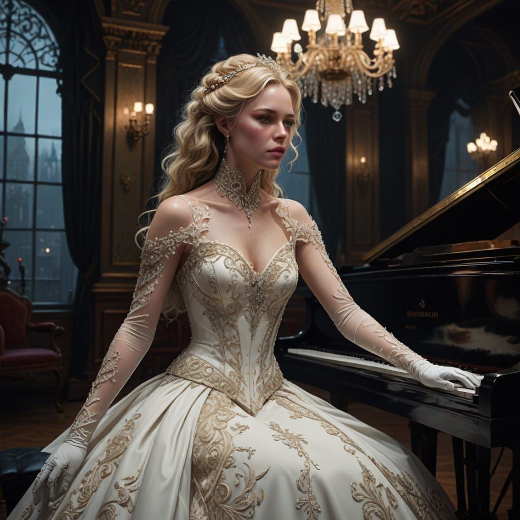 Elegant Woman Plays Piano in Monochromatic Concert Hall