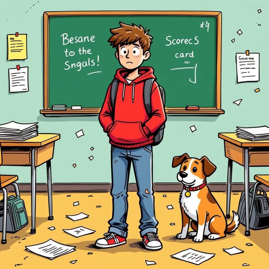 Embarrassed Student with Dog, Comic Book Art