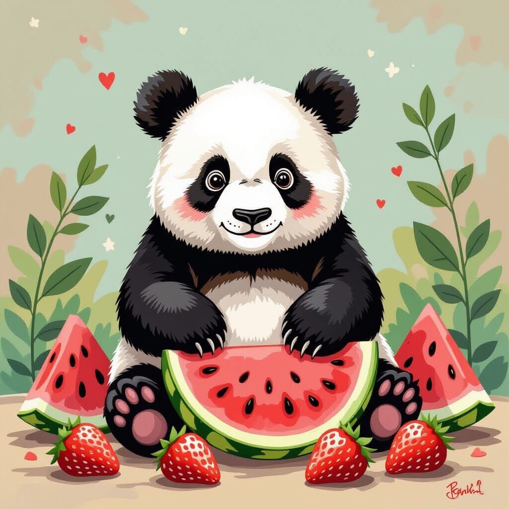 Panda with Watermelon and Strawberries in Whimsical Style
