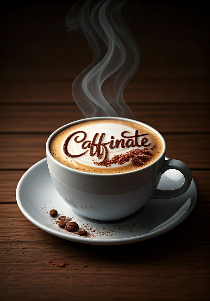 Elaborate Coffee Cup with 'Caffinate' Foam Art