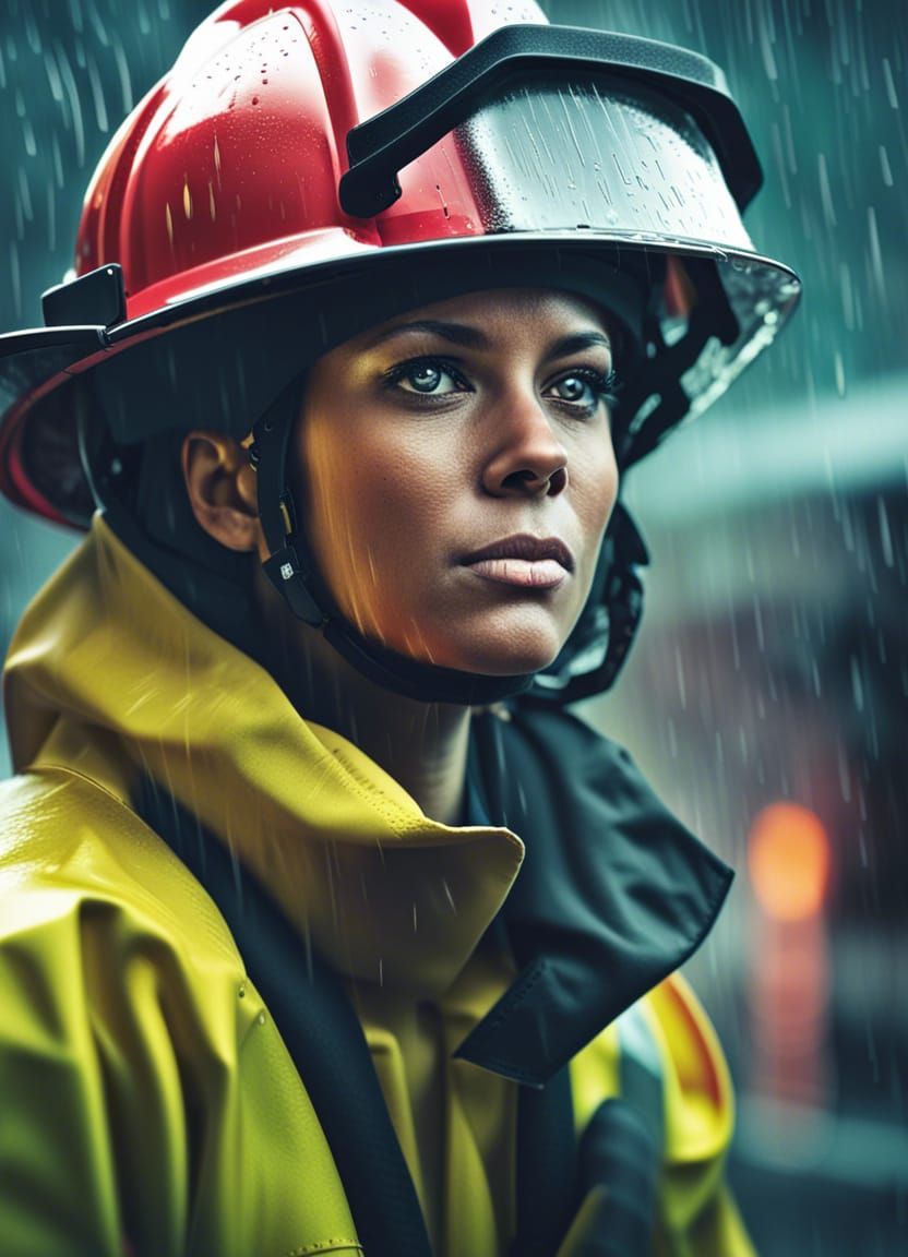 Female Firefighter in Rain: Hyperrealistic Illustration