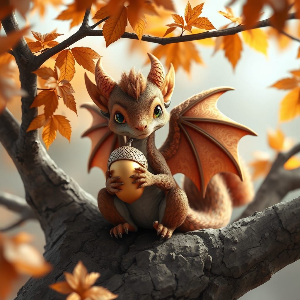 Tiny Dragon Sits in Autumn Tree Holding Golden Acorn