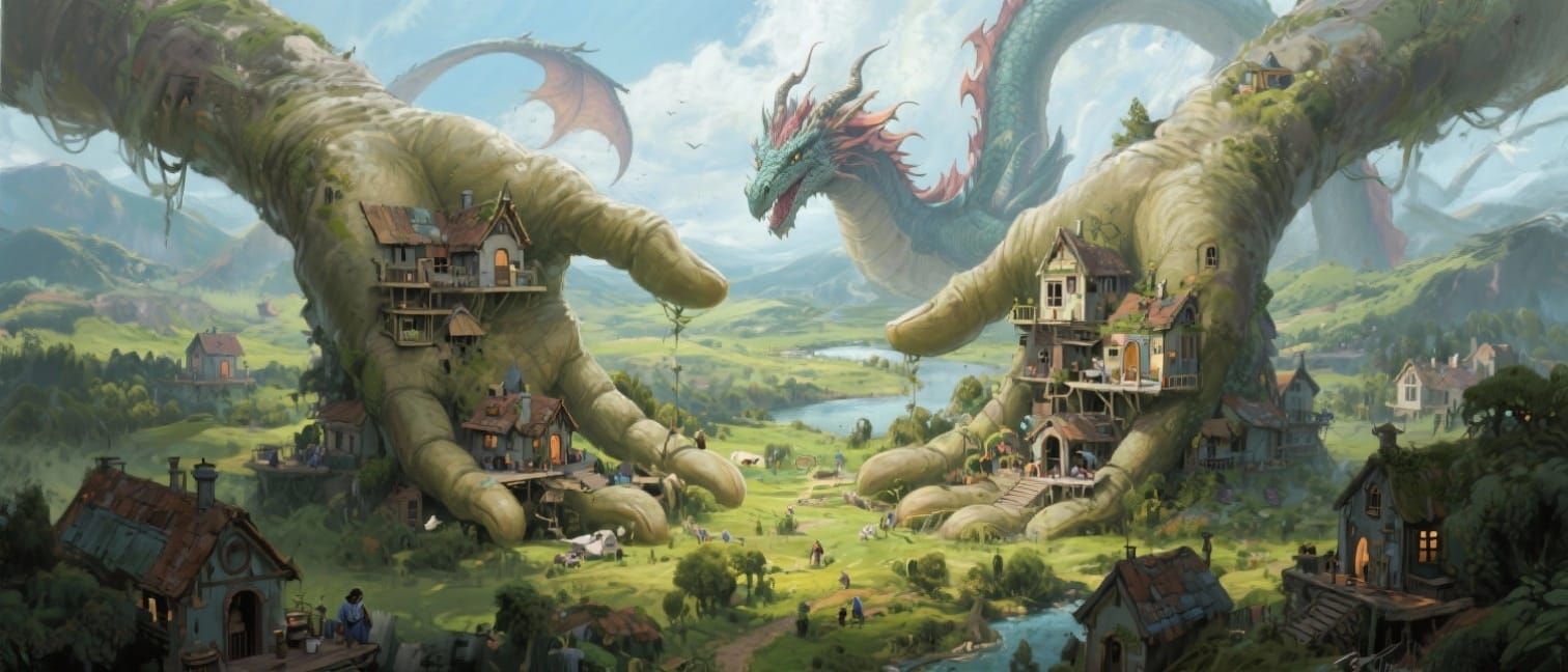 Civilization Thrives Around Giant Hands in Fantasy Landscape