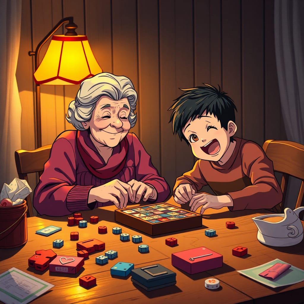 Grandmother and Grandson Game Night in Anime Style