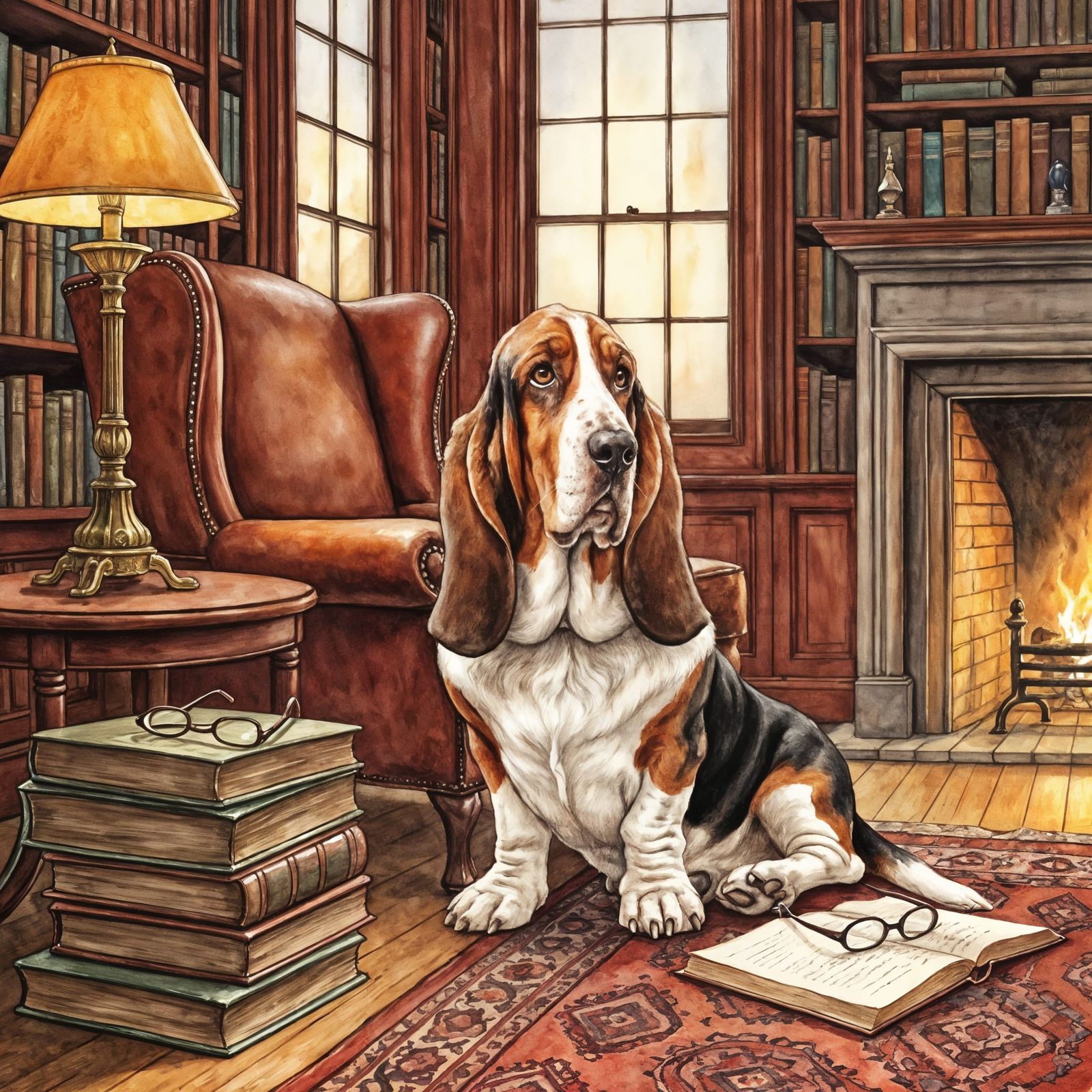 Contemplative Basset Hound in Cozy Library Watercolor