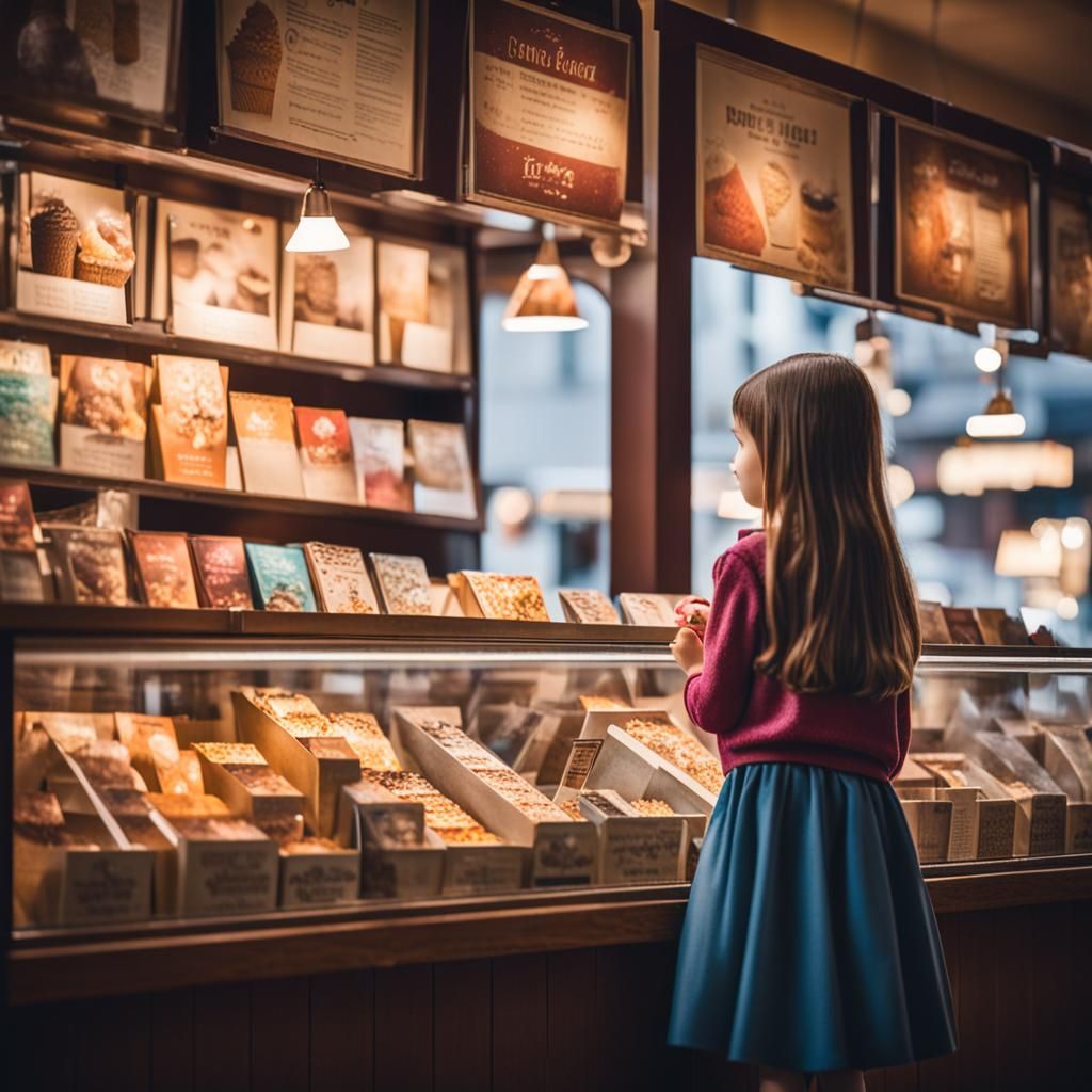 Bookstore View: Girl, Window, and Ice Cream Shop