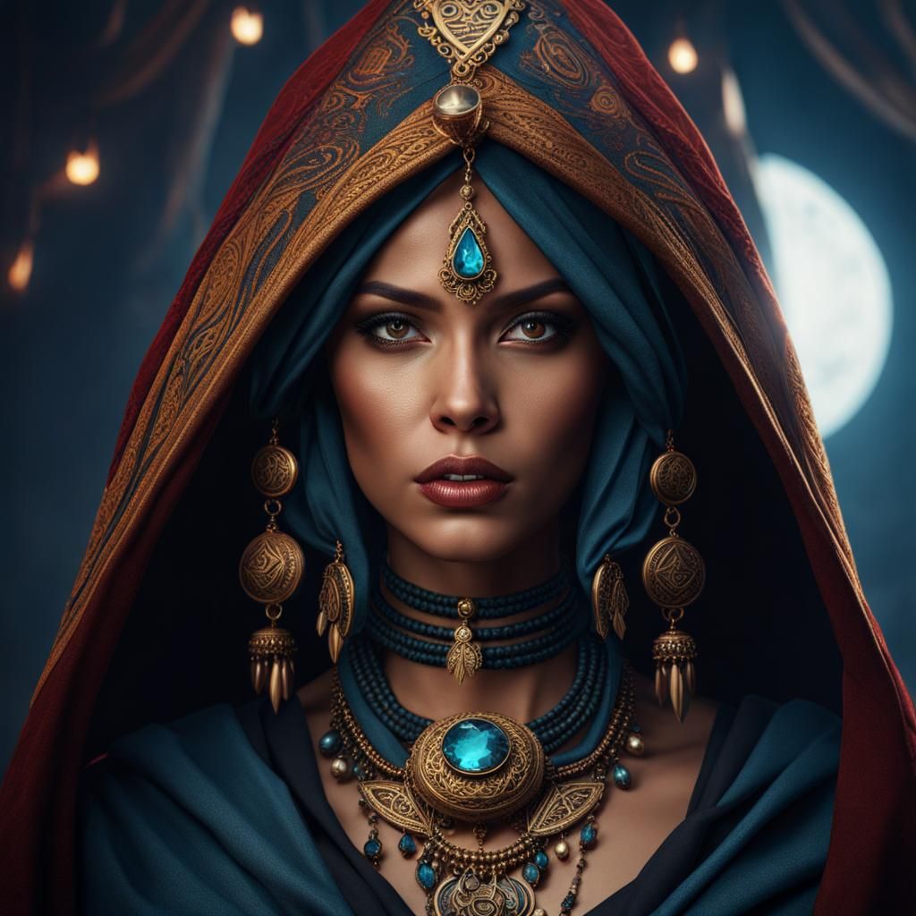 Beautiful Witch Portrait with Ethnic Hood in Digital Art