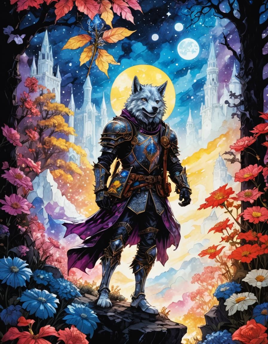 Gothic Werewolf Knight in Stained Glass Style