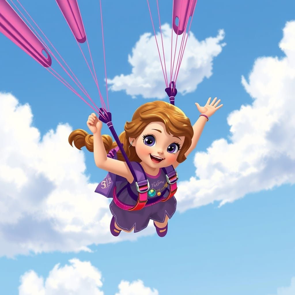 Princess Sofia Soaring with Parachute, Whimsical Art