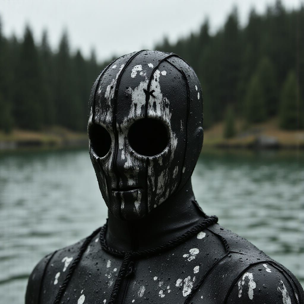 Woman in Hyper-Realistic Masked Portrait with Water Droplets...