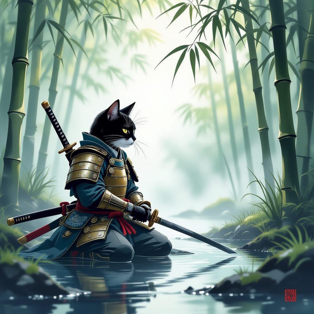 Samurai Cat in Bamboo Forest, Japanese Ink Wash Style