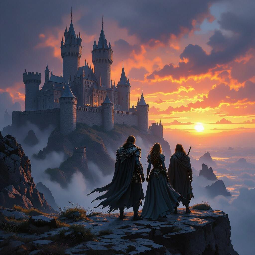 Dark Fantasy Heroes on Cliff Overlooking Castle