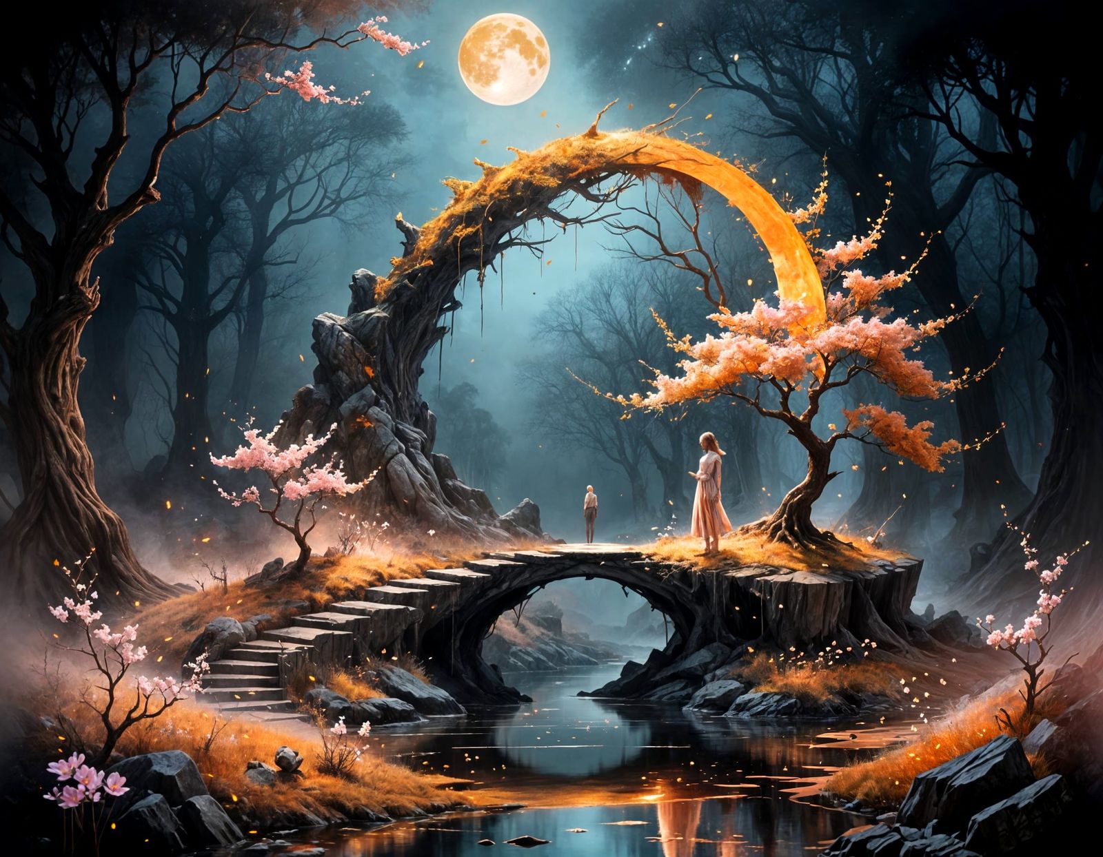 Surreal Golden Moonrise with Luminous Tree and Lone Figure