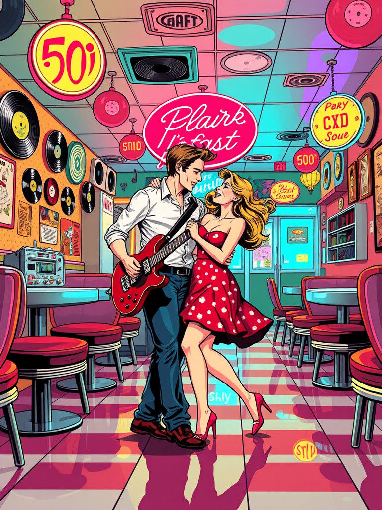 Rock and Roll Dance in Retro Diner, Illustrated Style