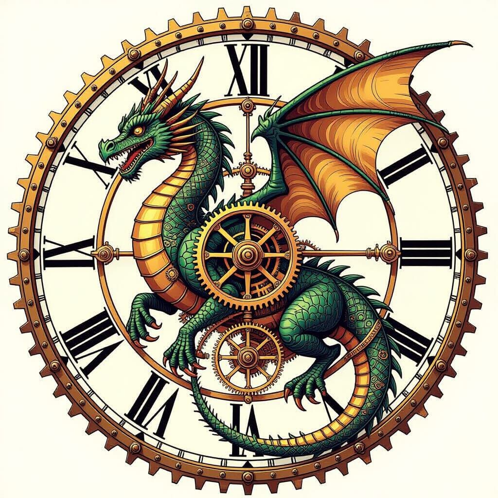 Clockwork Dragon in Victorian Technical Illustration Style