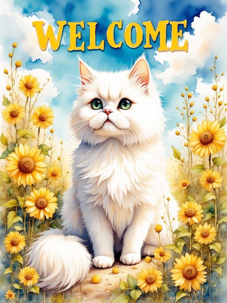 Regal Persian Cat Surrounded by Bright Sunflowers in a Seren...