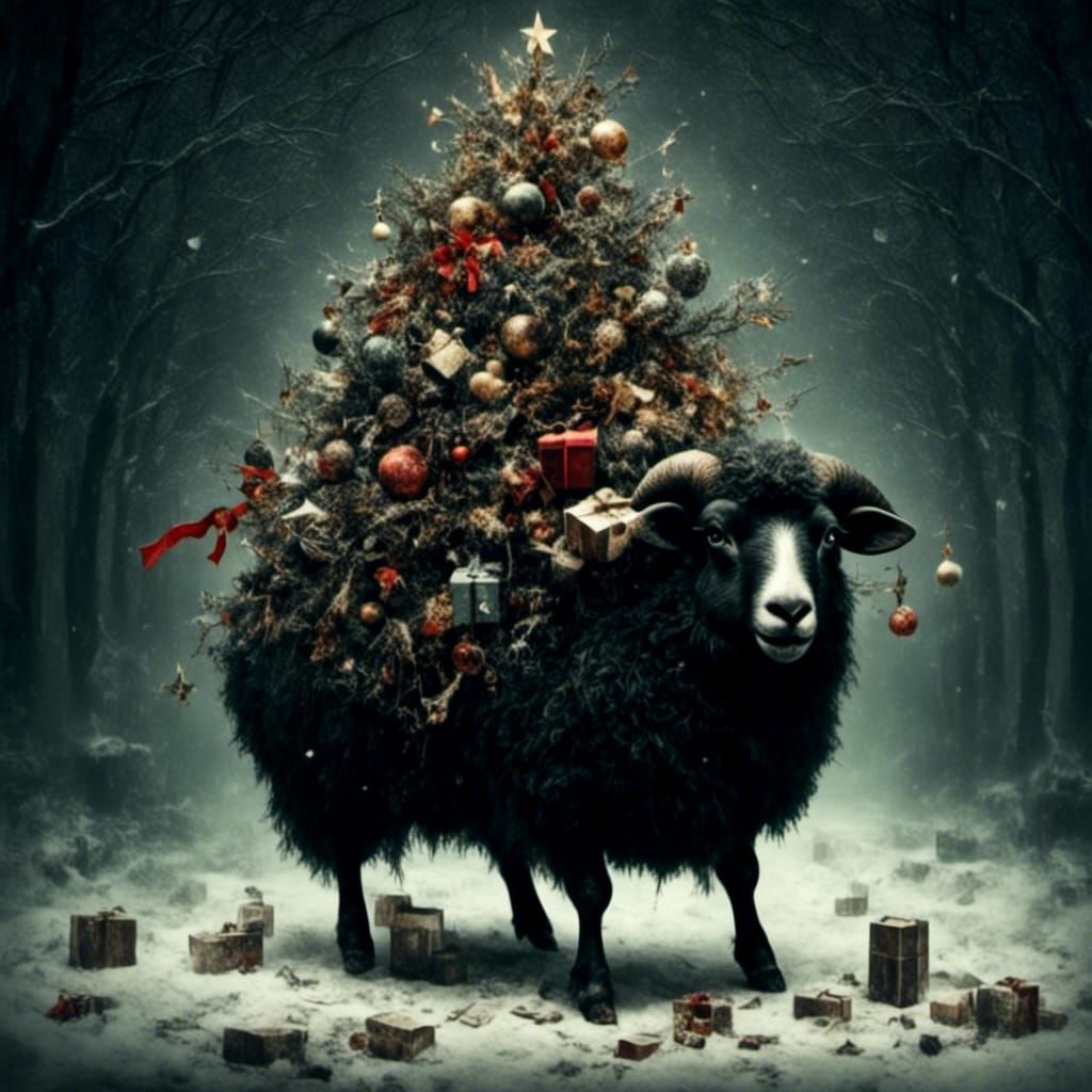 Black Sheep Crushed by Christmas Tree in Horror Style