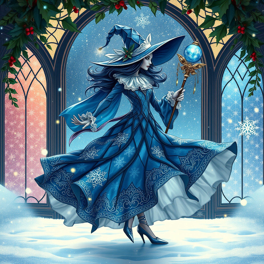 Art Nouveau Winter Witch Twirling in Snow