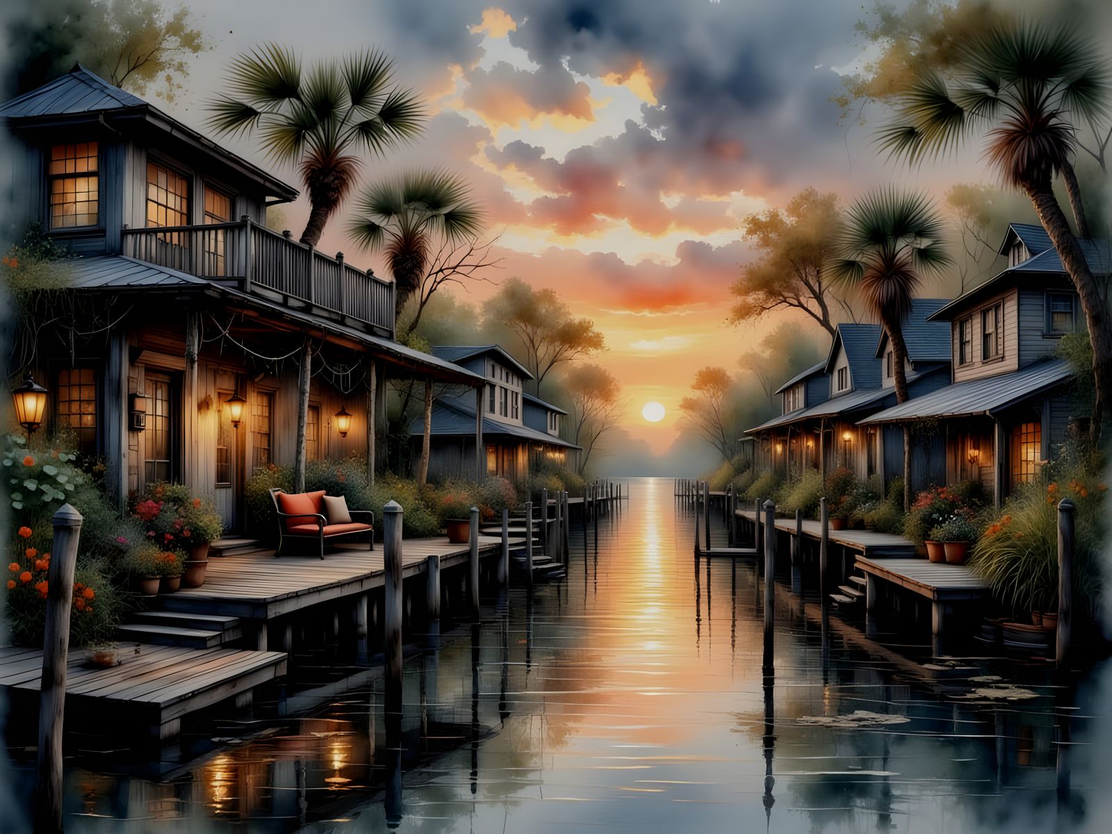 Watercolor Colonial Fishing Village at Sunset