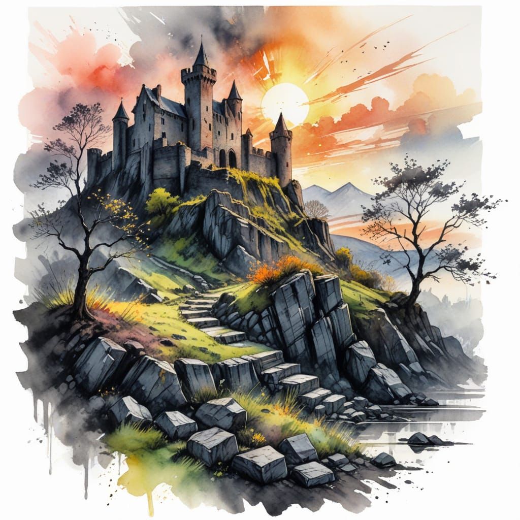 Castle Ruin at Sunrise: Charcoal and Watercolor Fusion