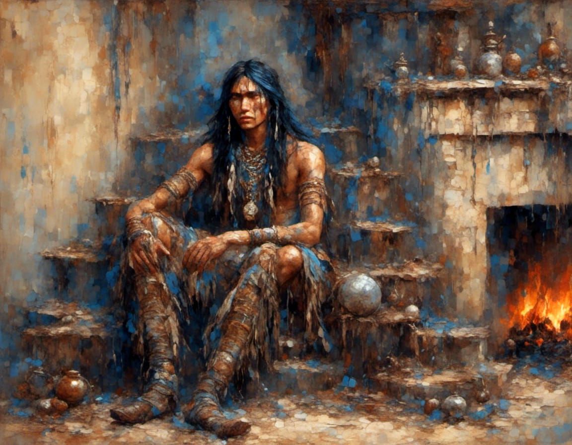 Native American Man with Black Hair by Fireplace