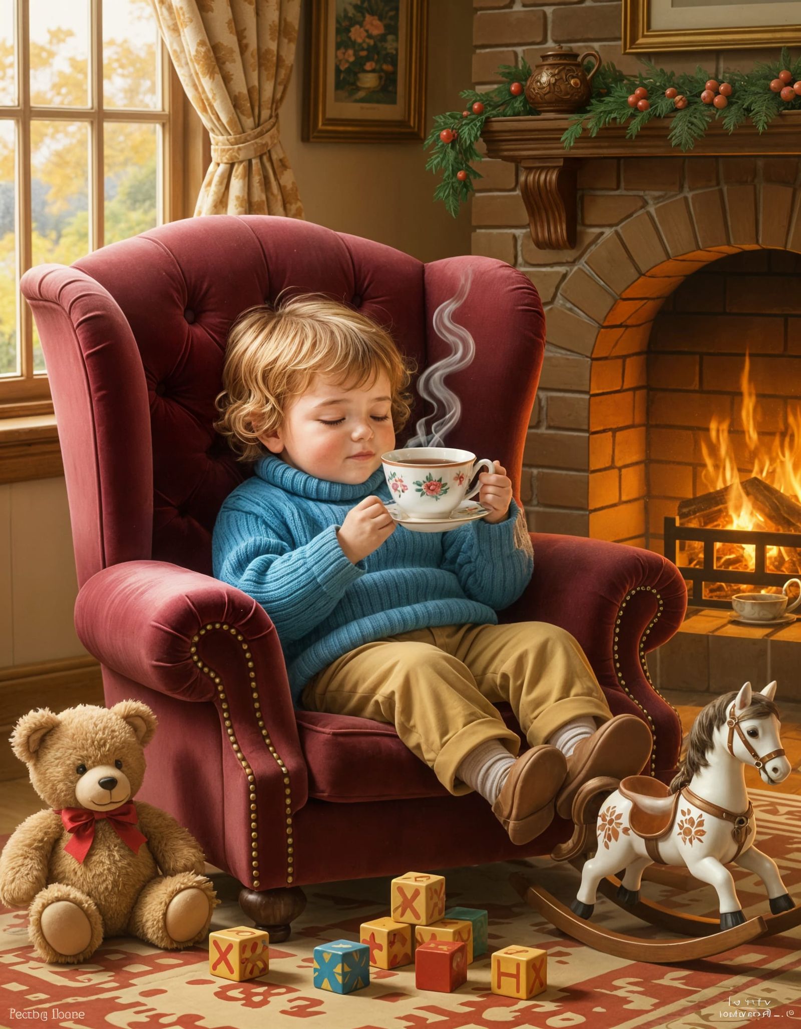 Plump Child Enjoys Tea in Cozy Cottage