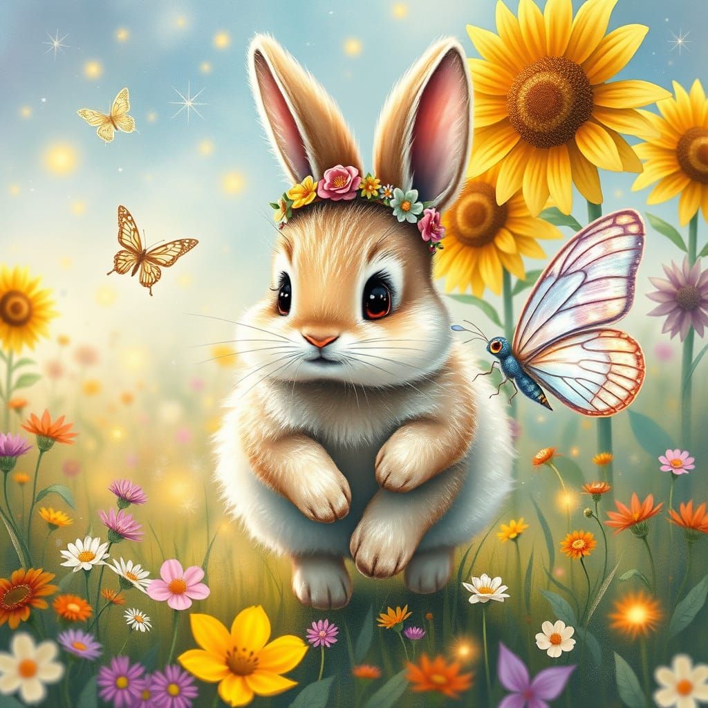Whimsical Bunny Chases Iridescent Butterfly in Enchanted Fie...