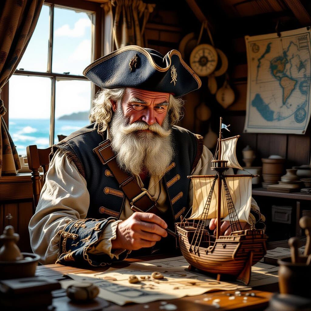 Retired Pirate Captain Carves Ship Model with Warm Realism