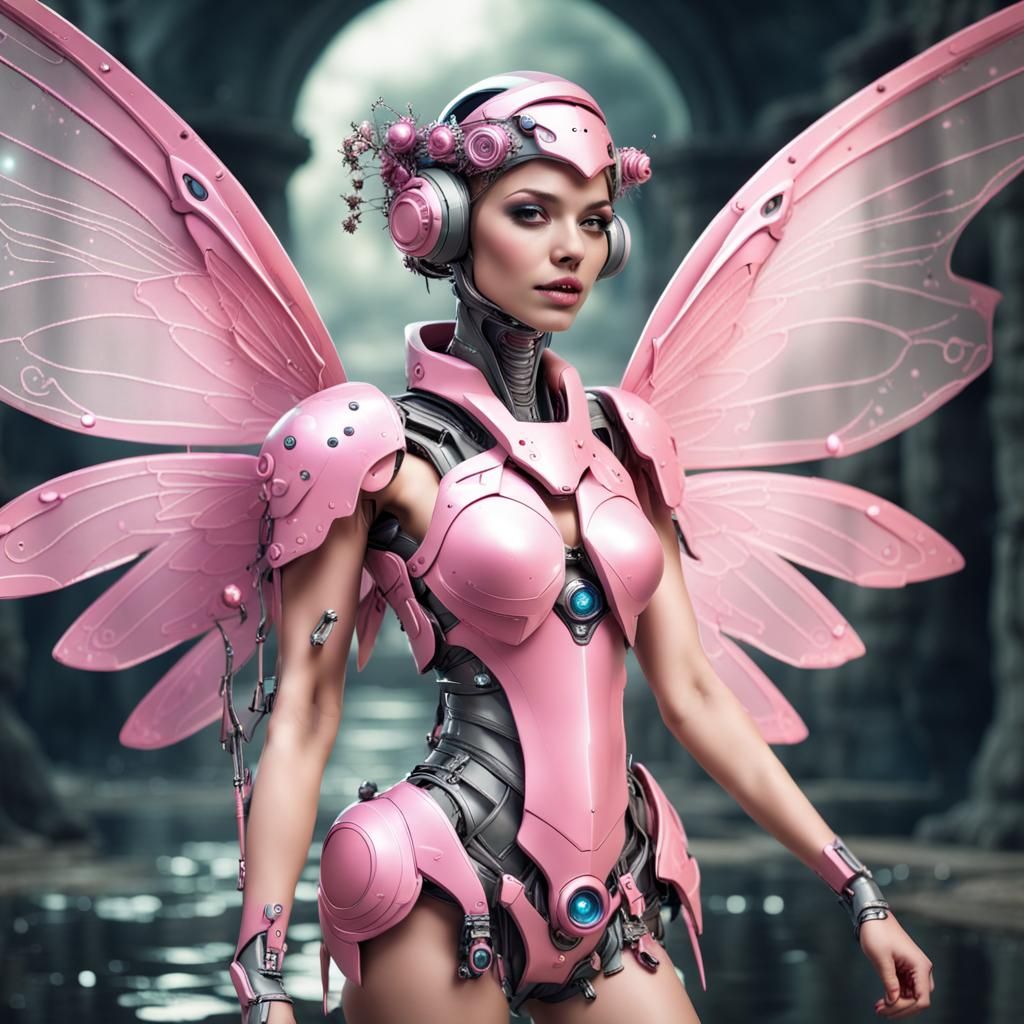 Happy Pink Fairy Cyborg with Wings