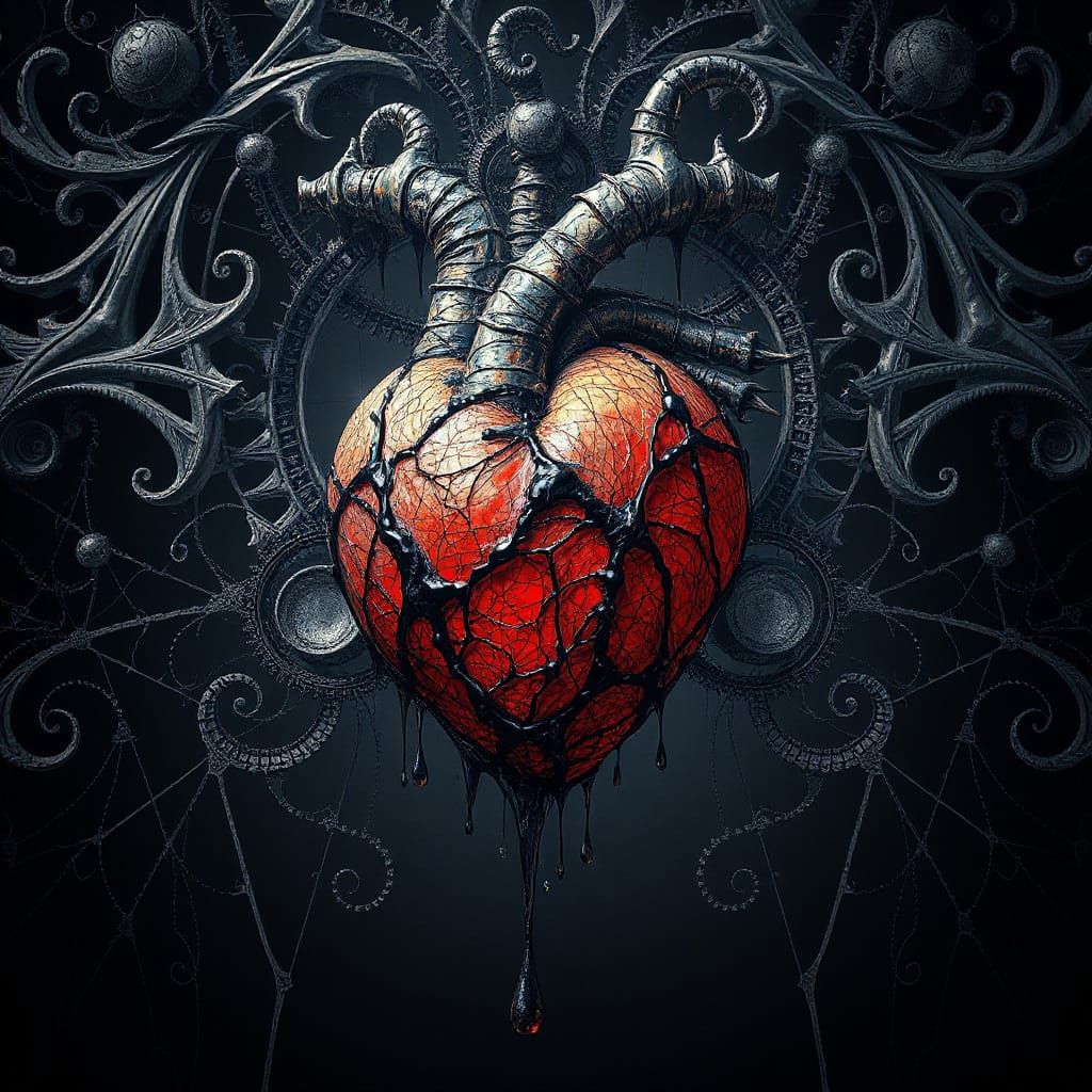 Ink Heart Dripping in Hieronymus Bosch's Surreal World