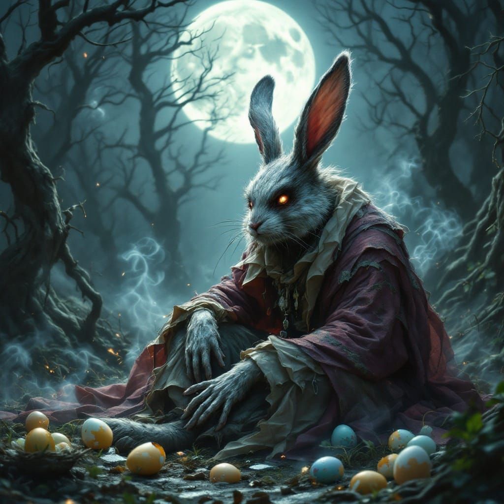 Easter Bunny Lost in Dark Mystical Forest