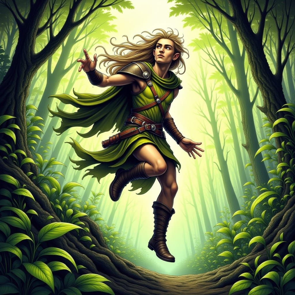 Dynamic Elf Warrior Leaping Through Enchanted Forest