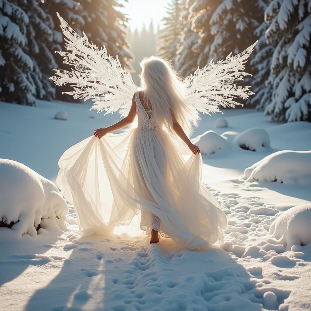 Ethereal Woman with Snowflake Wings in Winter Scene