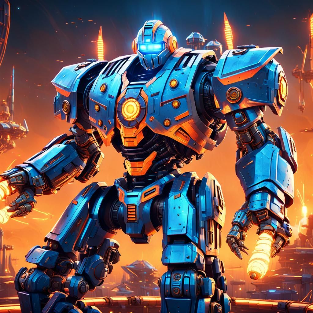 Towering Mechanical Warrior in Futuristic Arena