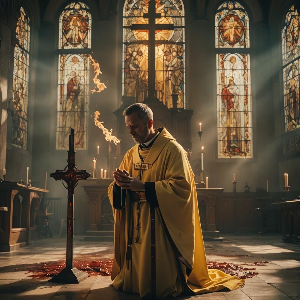 Priest with Saber Praying Before Burning Cross