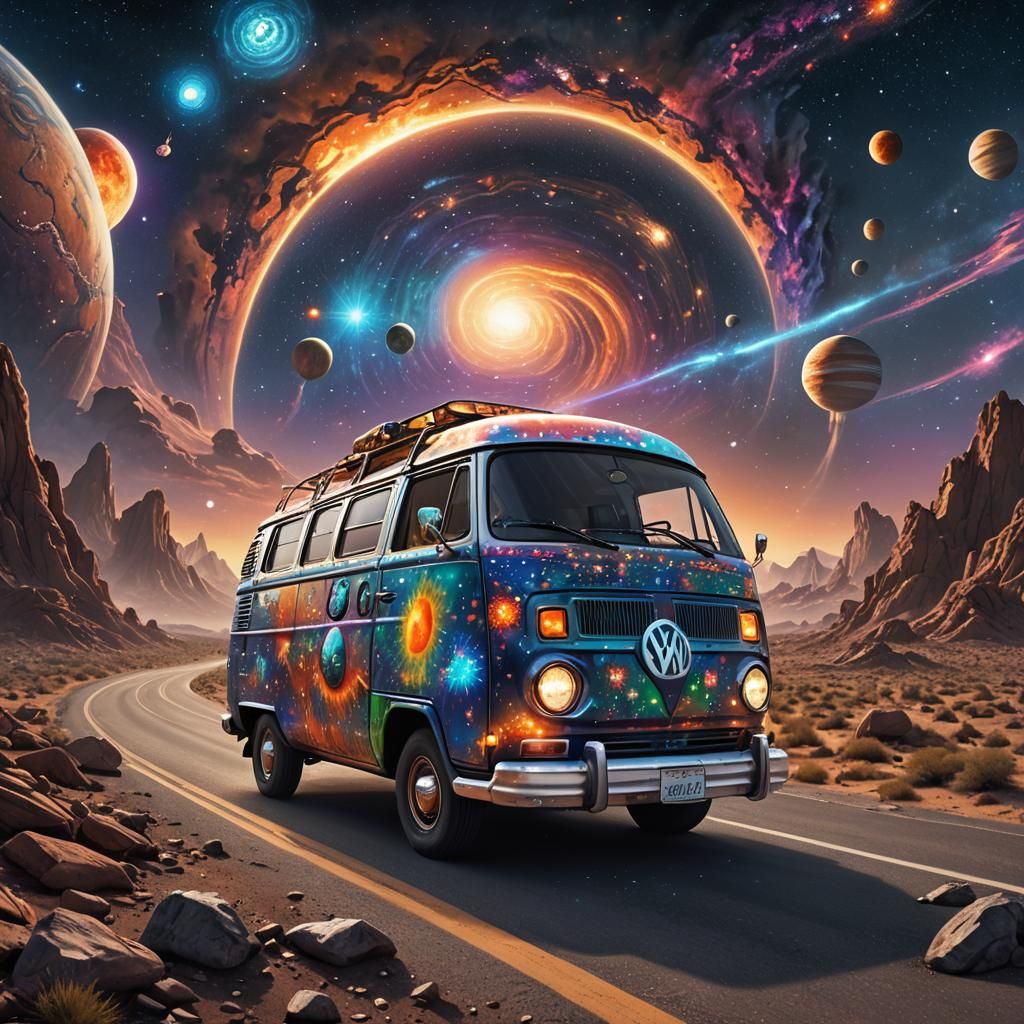 Space-Themed Hippie Van Amidst Apocalyptic Scenery