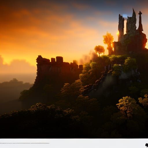 Ghostly Ruined Castle at Sunset: Baroque Dark Fantasy