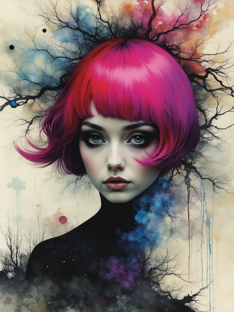 Gothic Surreal Portrait in Watercolor Alcohol Ink Style