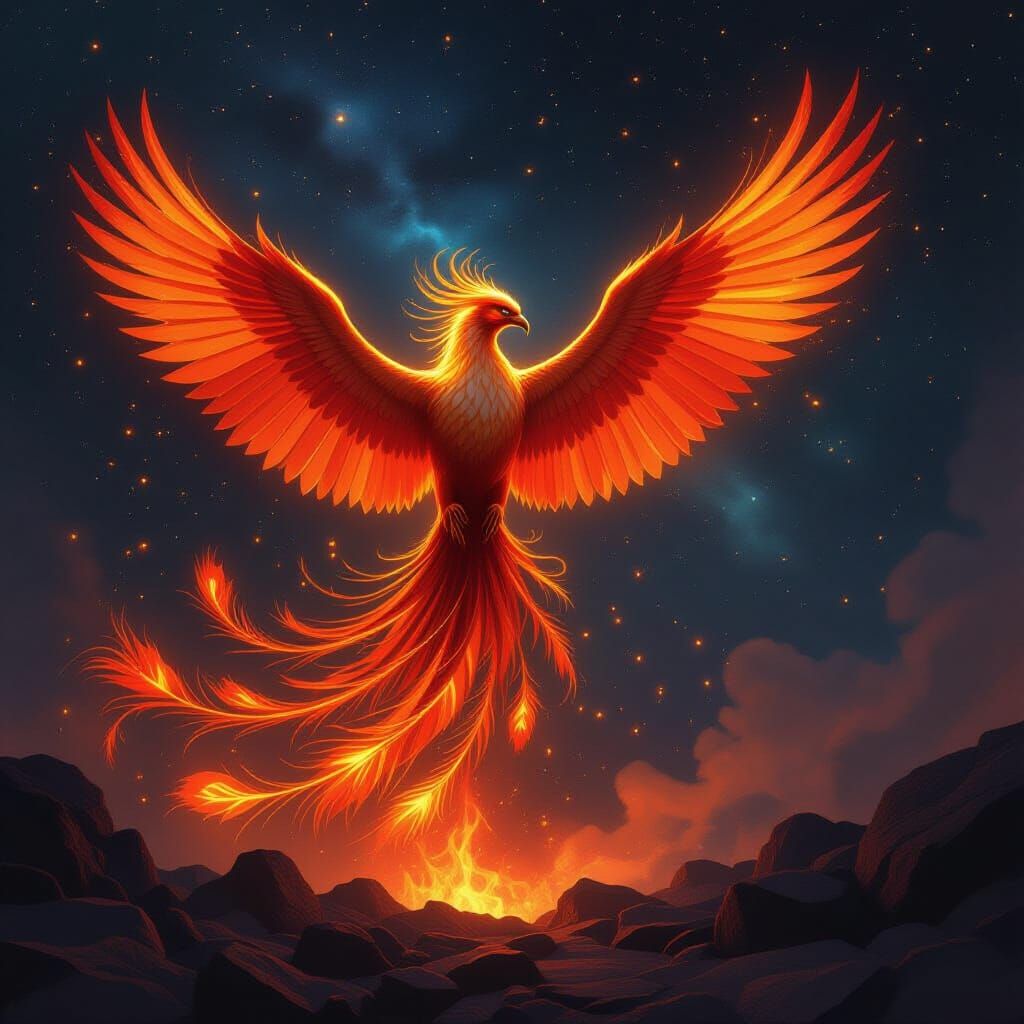 Majestic Phoenix Rises in Fiery Cosmic Illustration