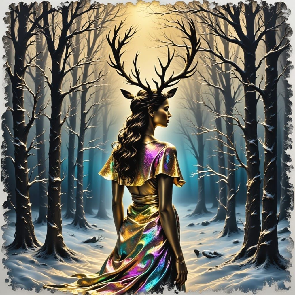 Majestic Deer Goddess Adorns Winter Wonderland