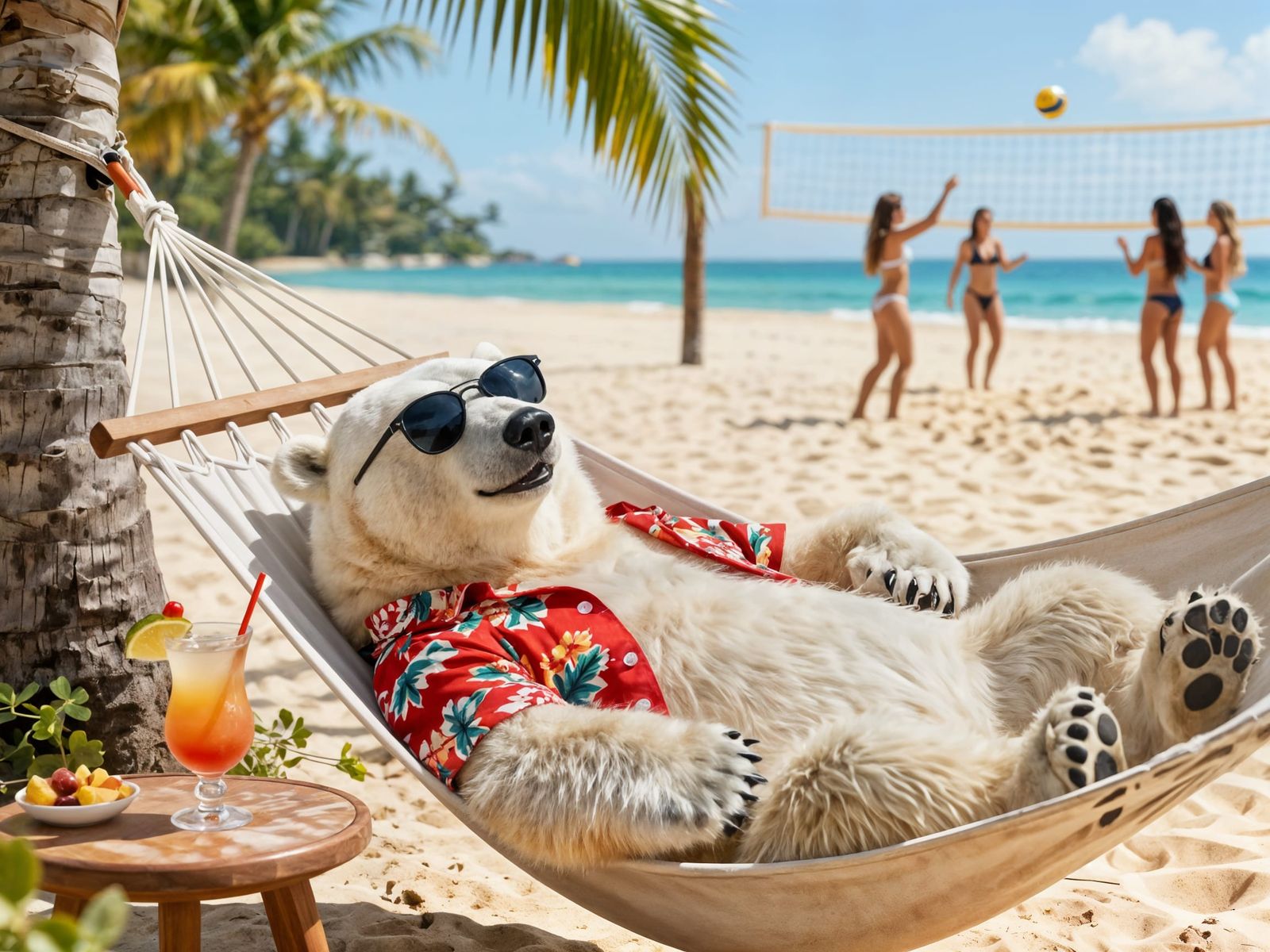 Happy Polar Bear Napping on Tropical Beach