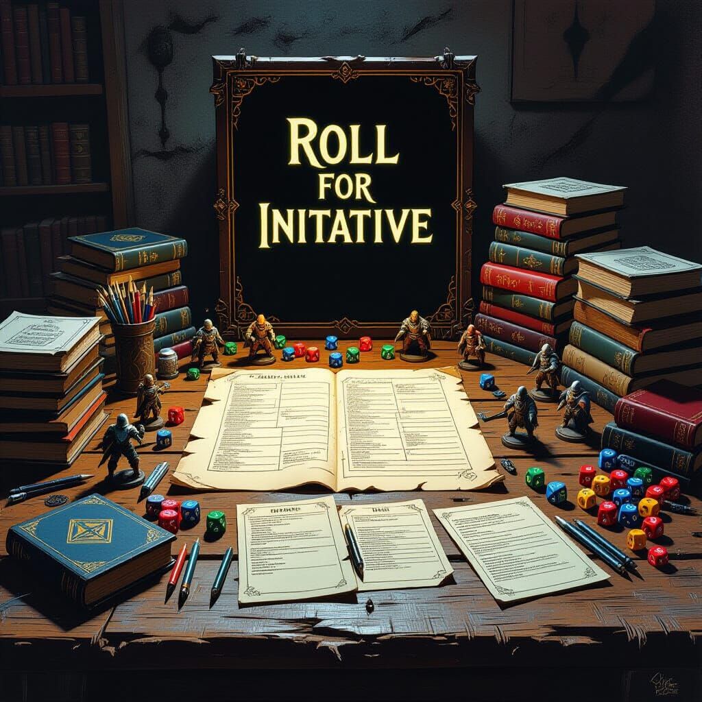 D&D Table with Dice and Miniatures in Digital Painting Style