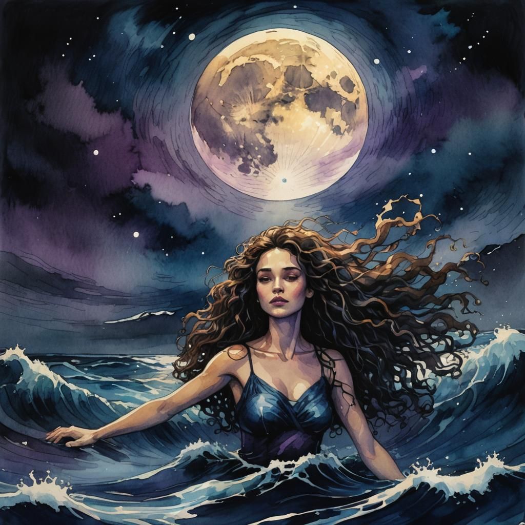Brunette Woman Swimming Under Moonlight: Dark Fantasy Art